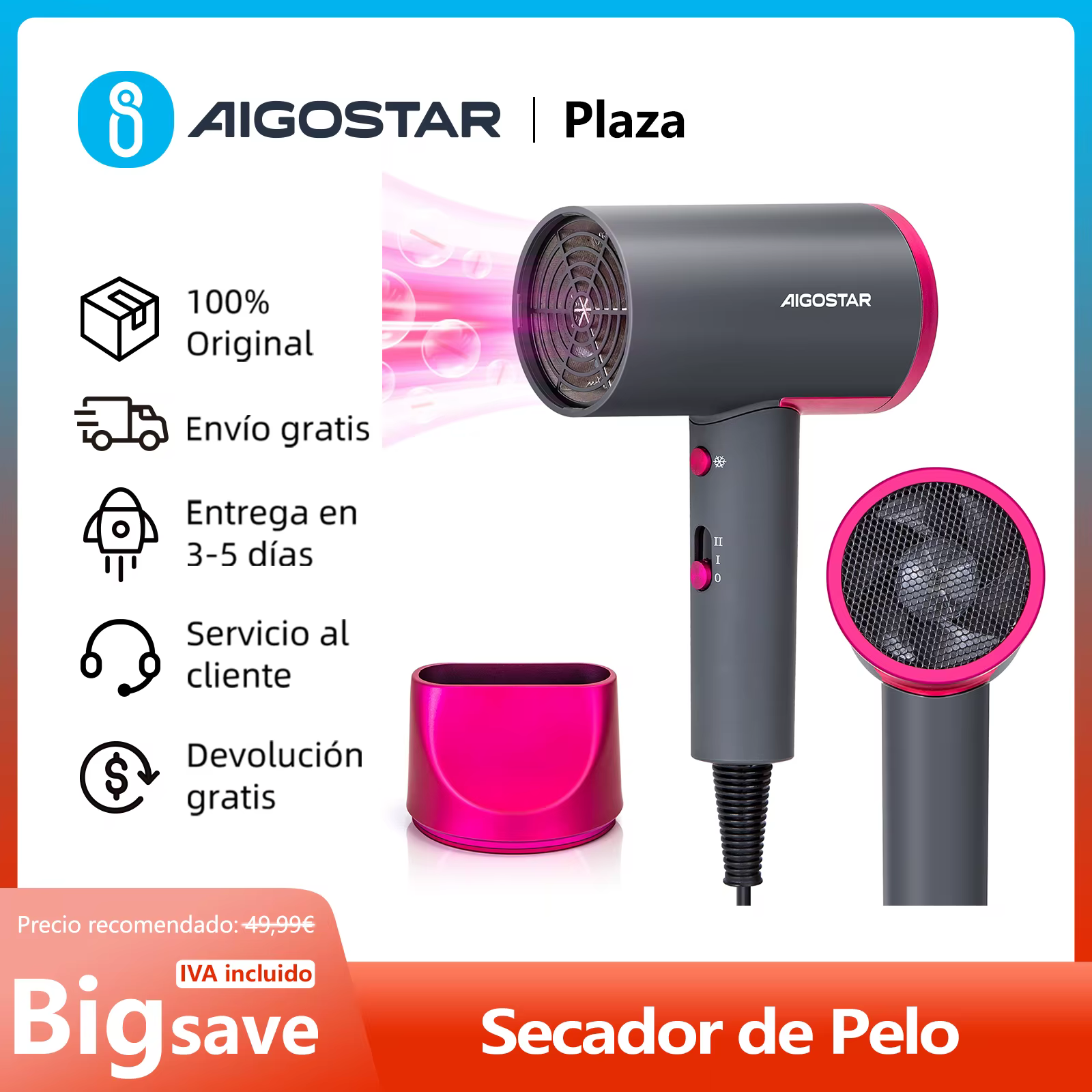 Secador IÓNICO 2200W ligero y compacto — ¡rápido secado!