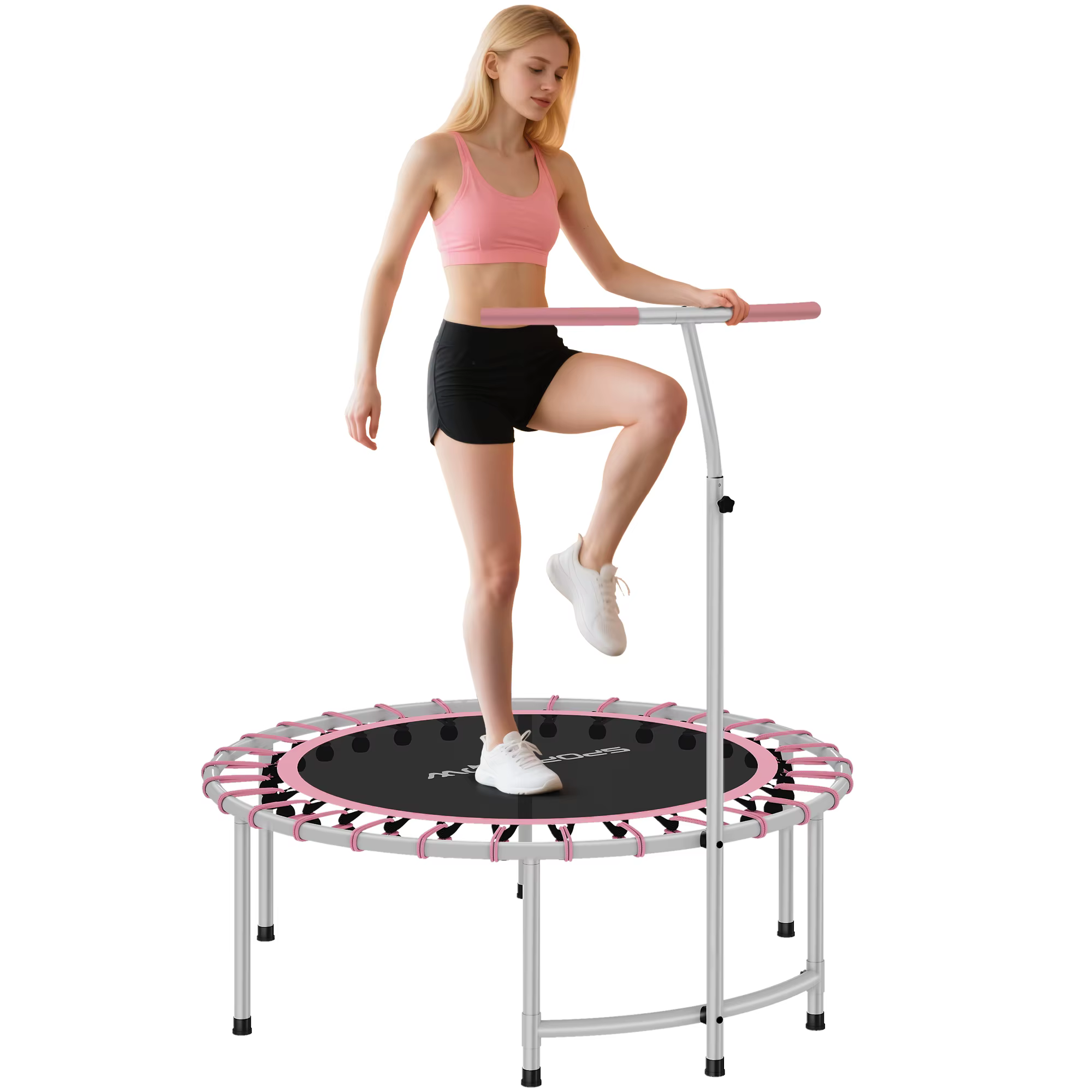 Trampolín FITNESS con mango ajustable — ejercicio compacto y seguro